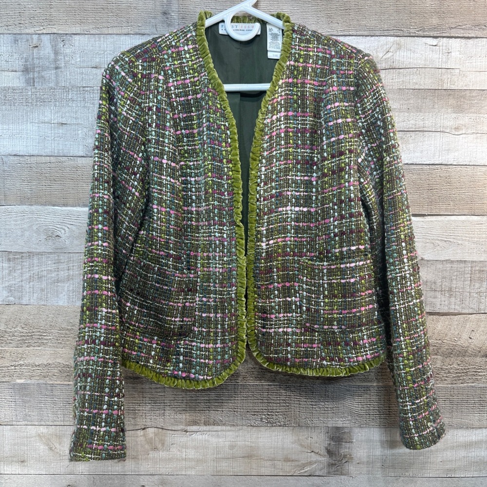 First Issue Liz Claiborne Tweed Open Front Blazer Green Pink Velvet Trim Womens